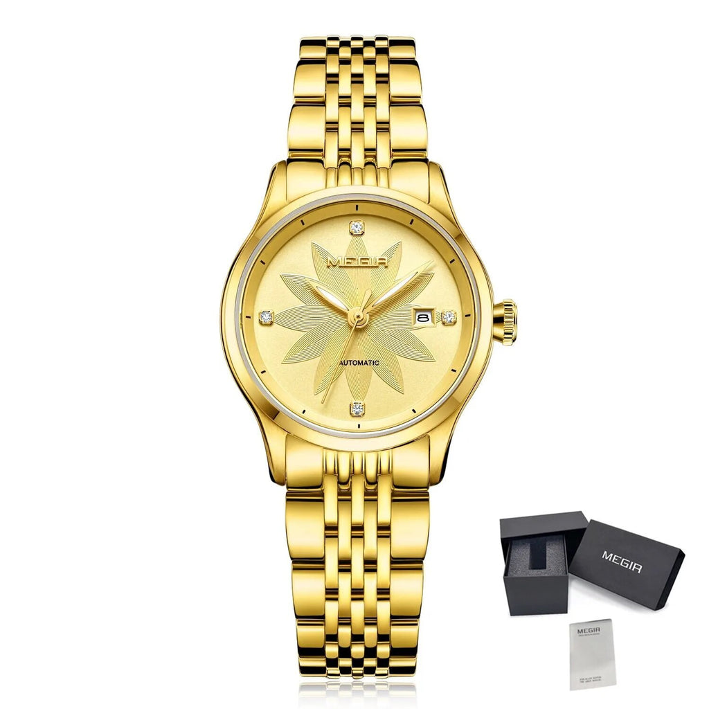 MEGIR Fashion Business Casual Watch for Women Sapphire Automatic Mechanical Wrist Watch Ladies Stainless Steel Female Date Clock 62061