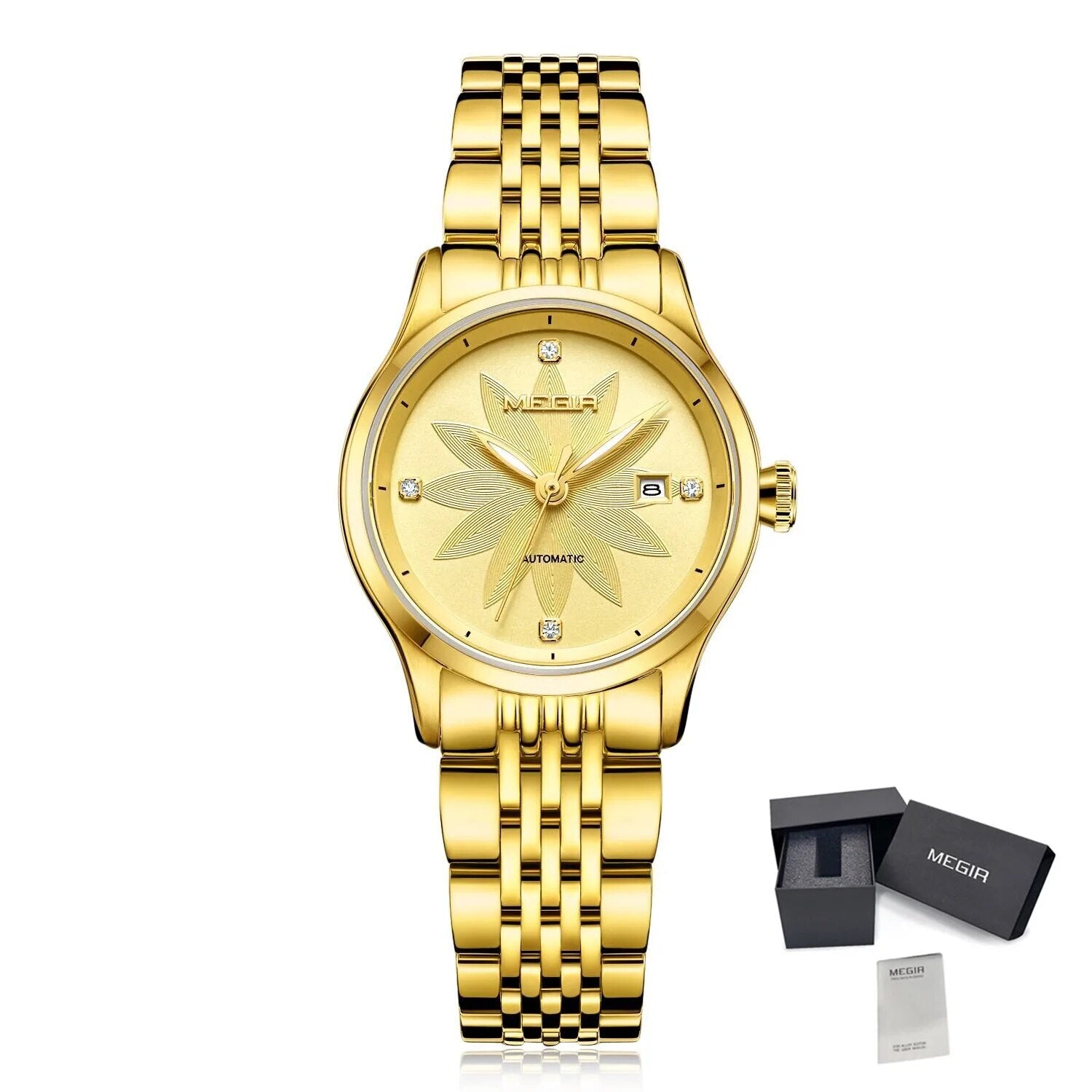 MEGIR Fashion Business Casual Watch for Women Sapphire Automatic Mechanical Wrist Watch Ladies Stainless Steel Female Date Clock 62061