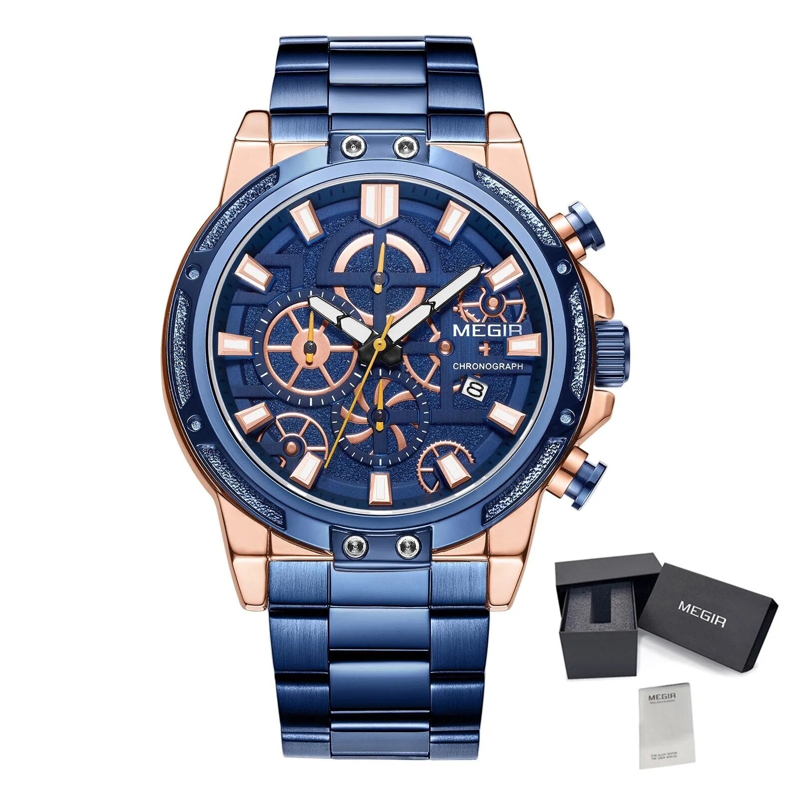 MEGIR Luxury Business Watches for Man Stainless Steel Strap Quartz Casual Wristwatch Waterproof Calendar Men Chronograph 2108