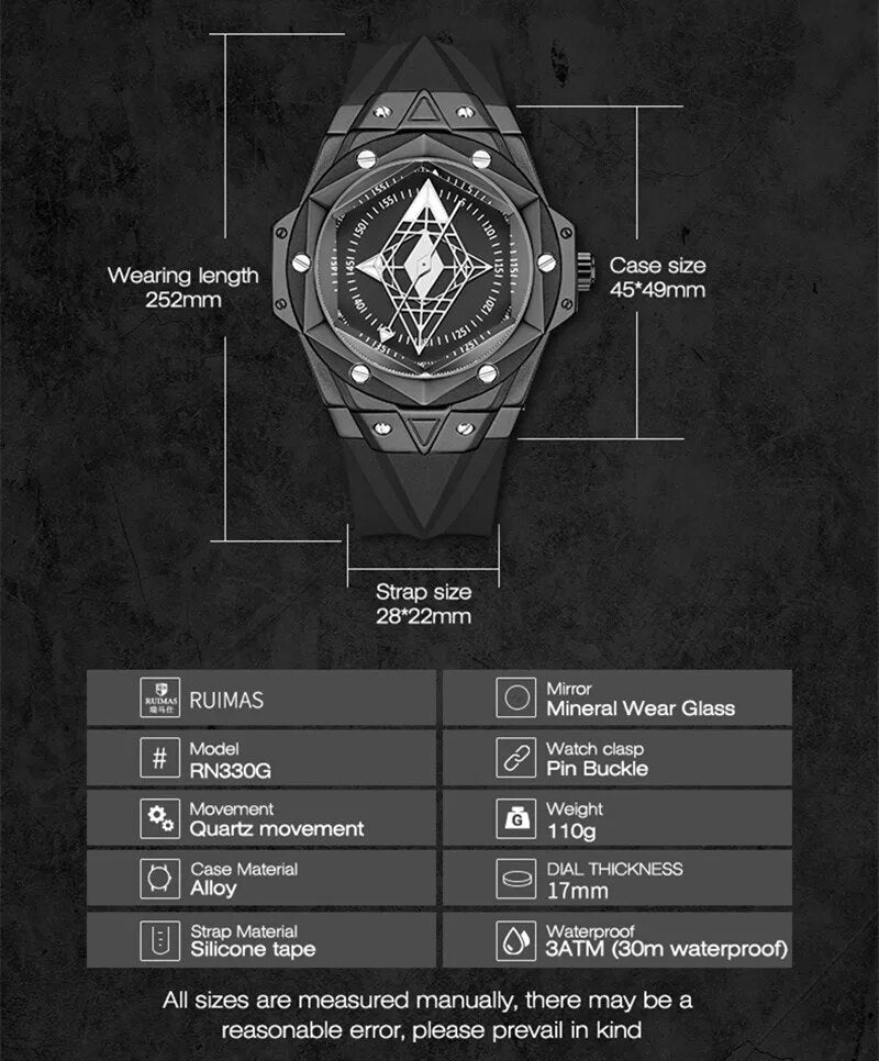 RUIMAS Brand Watches for Men Luxury Quartz Movement Sport Casual Wristwatches Unique Design Waterproof Clock Relogio Masculino 330