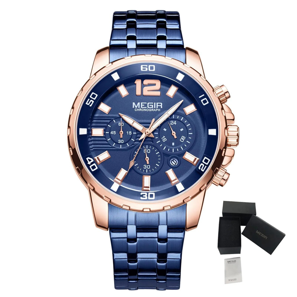 MEGIR Stainless Steel Business Watches for Men Luxury Quartz Casual Wristwatch Luminous Waterproof Date Clock Chronograph 2068