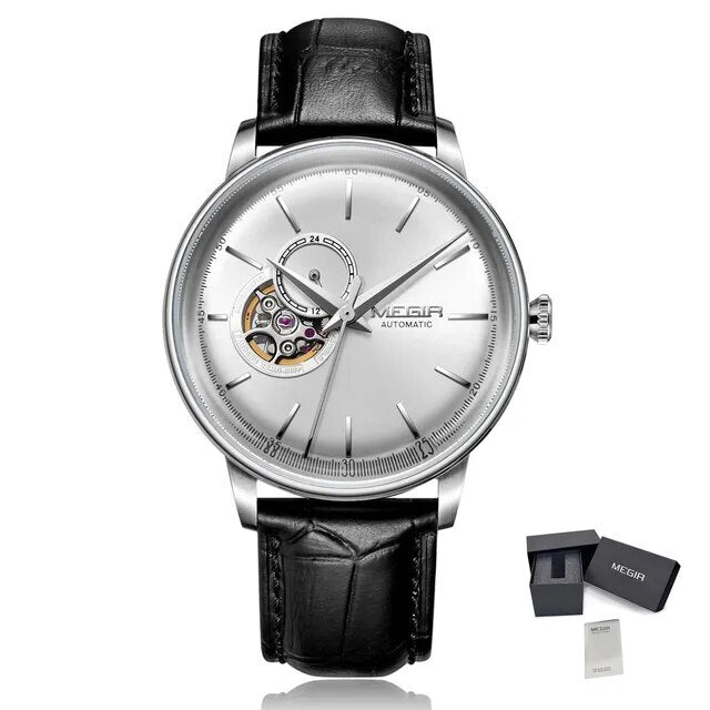 MEGIR Automatic Men's Watch Mechanical Movement Leather Strap Luxury Business Watches 5ATM Waterproof Big Dial Clock Wristwatch 62057