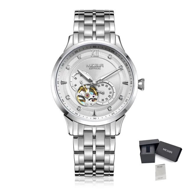 MEGIR Luxury Men Watches Stainless Steel Automatic Mechanical Watch Sapphire Steel Case Business WristWatch Montre Homme 62053