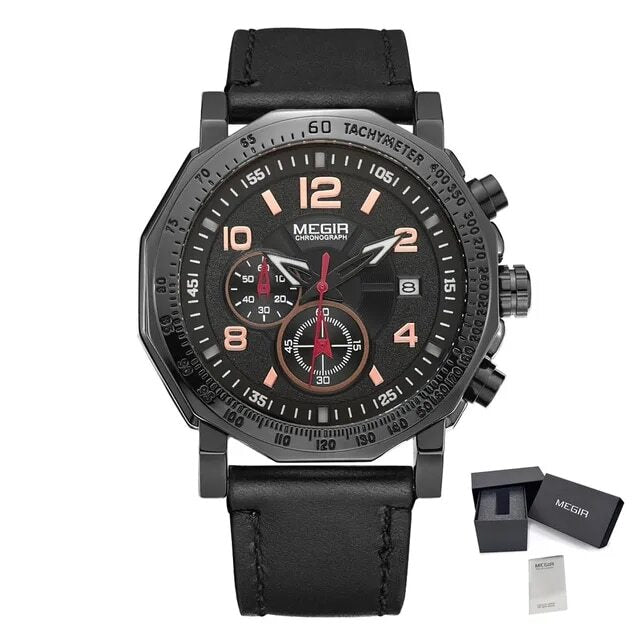 MEGIR Men's Sport Watch Large Dial Quartz Luminous Wristwatch Date Clock Fashion Relogio Masculino Leather Chronograph for Men 2048