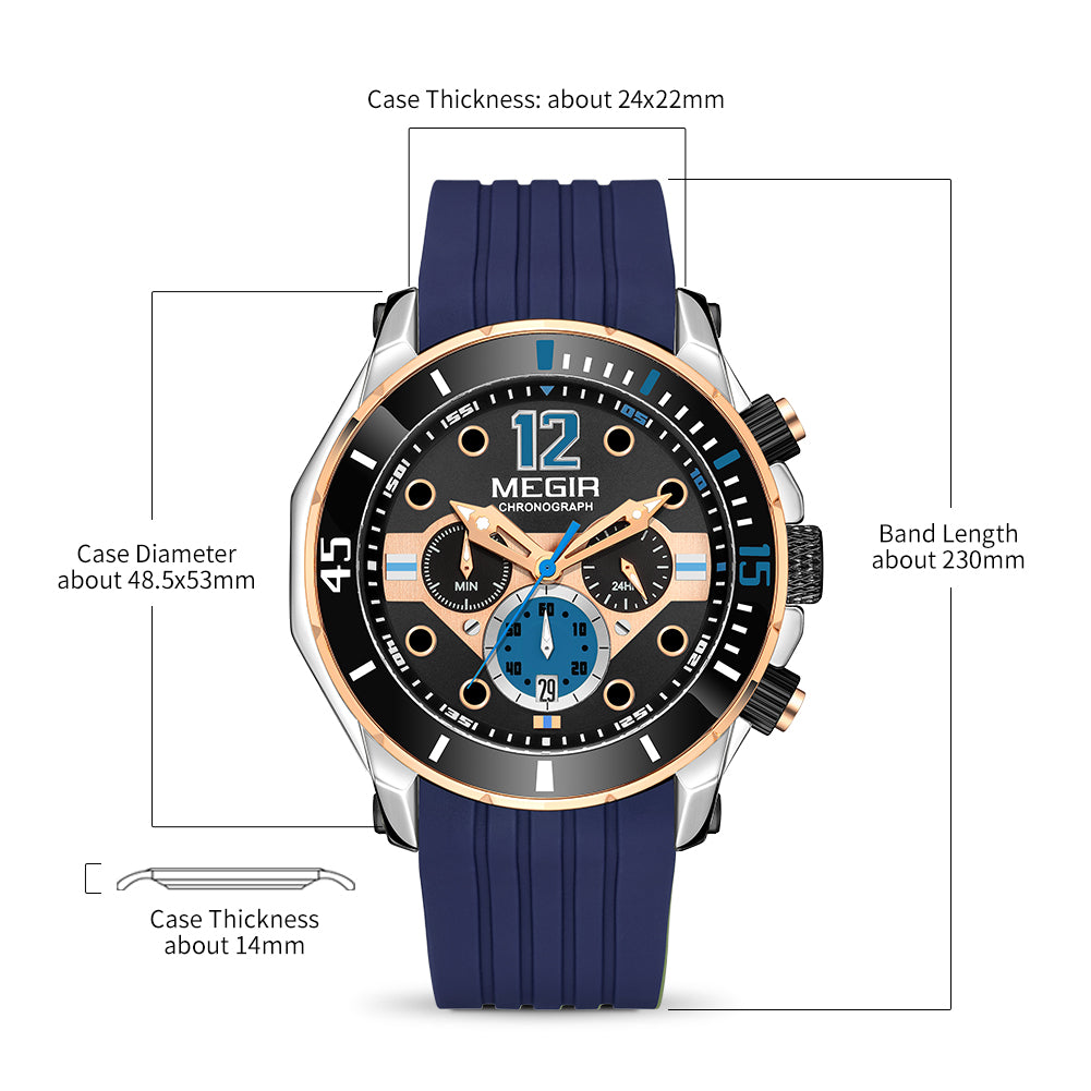MEGIR Men's Sport Watches Chronograph Silicone Strap Waterproof Calendar Quartz Military Wristwatch Male Clock Relogio Masculino 2206