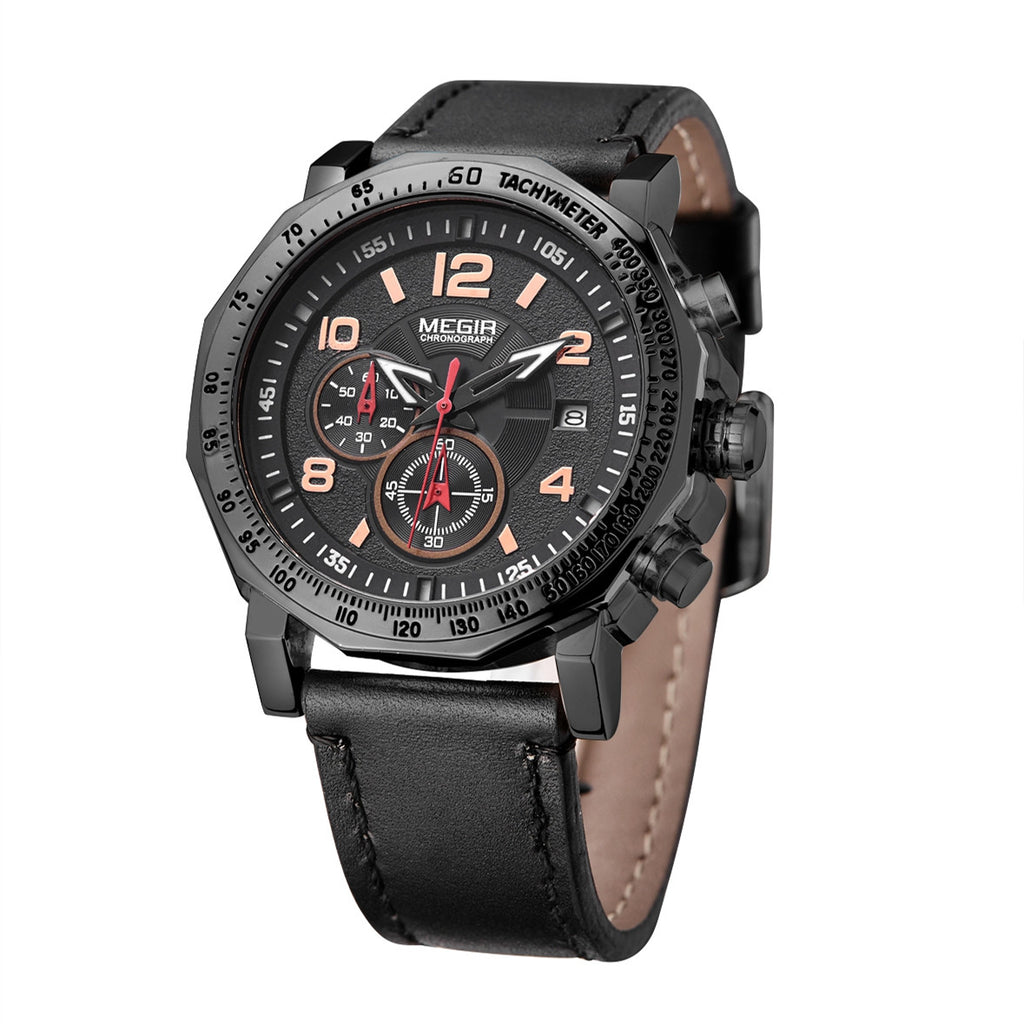 MEGIR Men's Sport Watch Large Dial Quartz Luminous Wristwatch Date Clock Fashion Relogio Masculino Leather Chronograph for Men 2048
