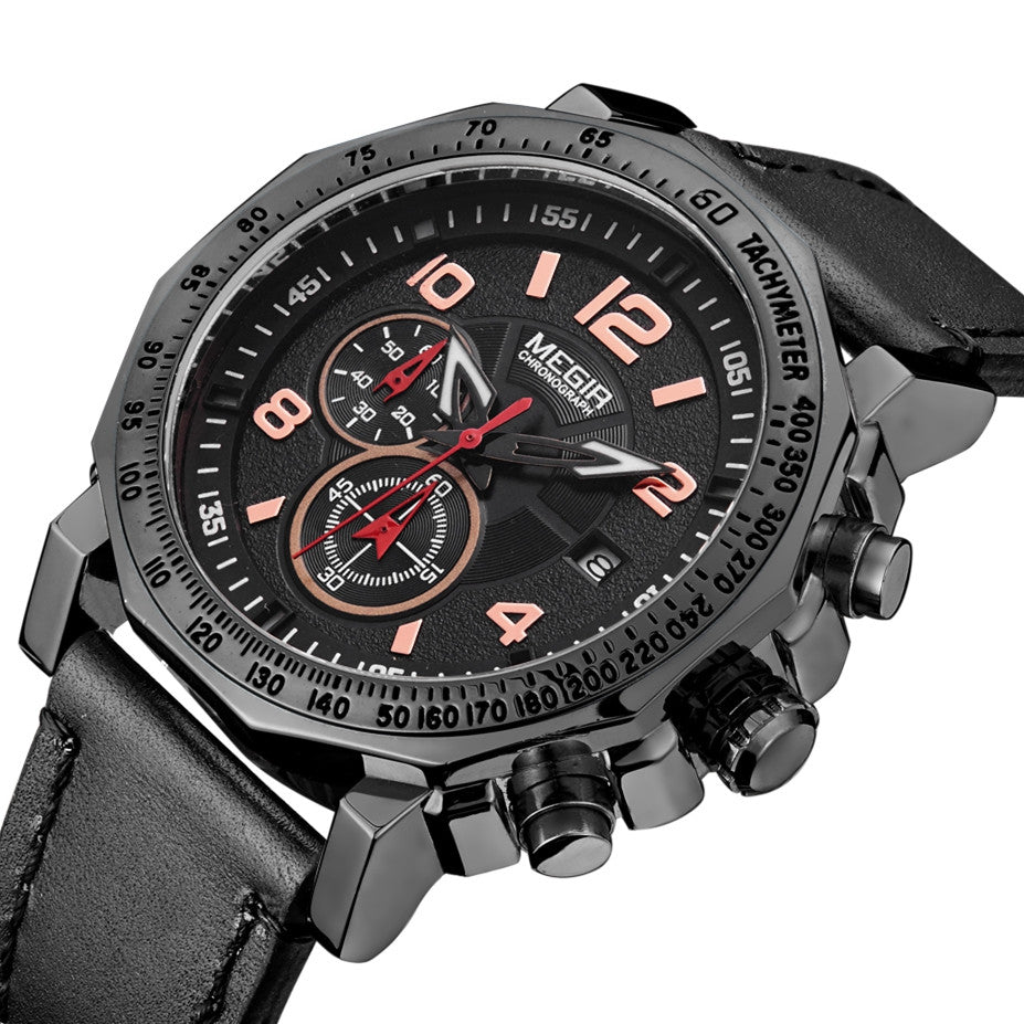 MEGIR Men's Sport Watch Large Dial Quartz Luminous Wristwatch Date Clock Fashion Relogio Masculino Leather Chronograph for Men 2048