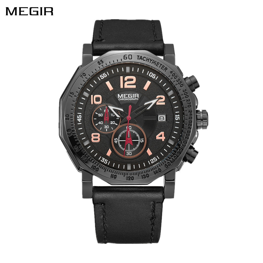 MEGIR Men's Sport Watch Large Dial Quartz Luminous Wristwatch Date Clock Fashion Relogio Masculino Leather Chronograph for Men 2048
