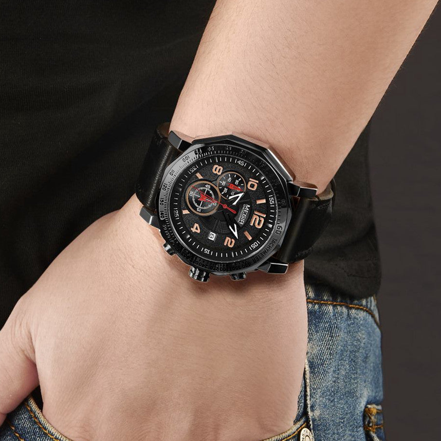 MEGIR Men's Sport Watch Large Dial Quartz Luminous Wristwatch Date Clock Fashion Relogio Masculino Leather Chronograph for Men 2048