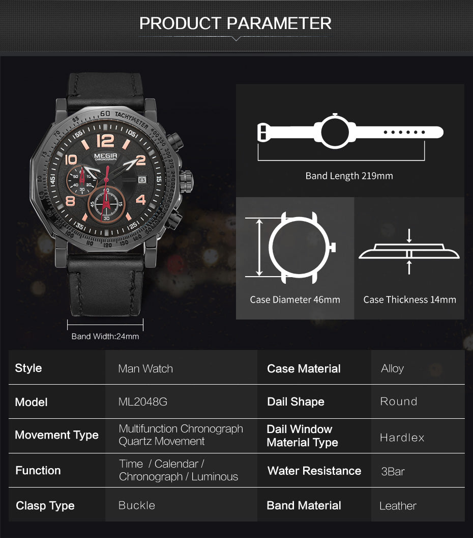 MEGIR Men's Sport Watch Large Dial Quartz Luminous Wristwatch Date Clock Fashion Relogio Masculino Leather Chronograph for Men 2048