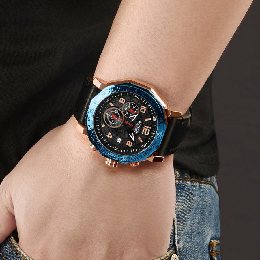 MEGIR Men's Sport Watch Large Dial Quartz Luminous Wristwatch Date Clock Fashion Relogio Masculino Leather Chronograph for Men 2048