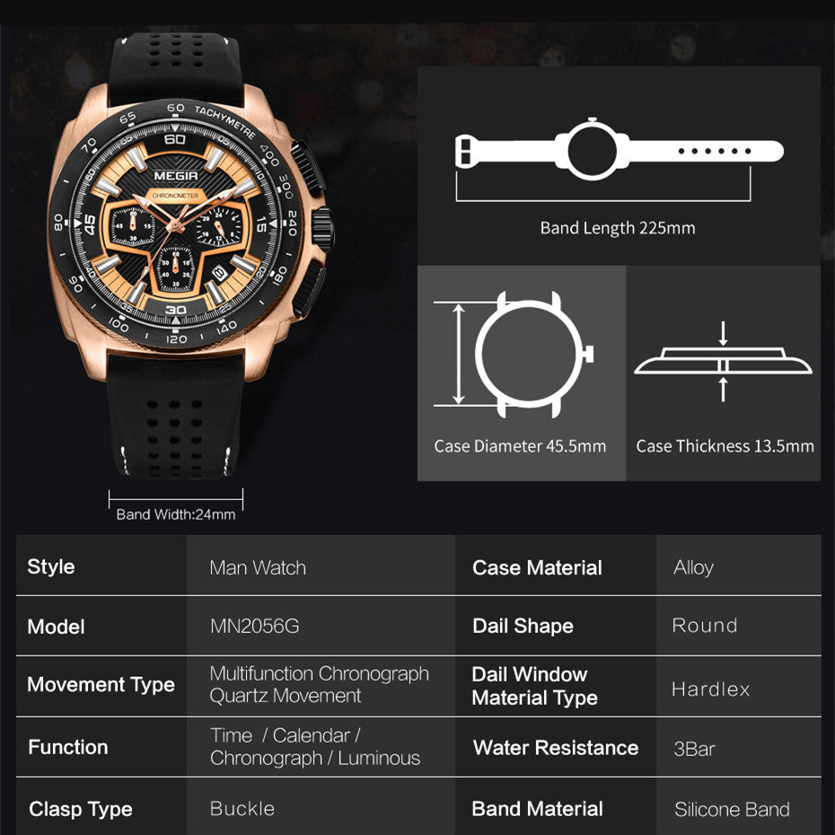 MEGIR Chronograph Men Sport Watches Fashion Silicone Strap Military Quartz Wristwatch Clock Relogio Masculino 2056