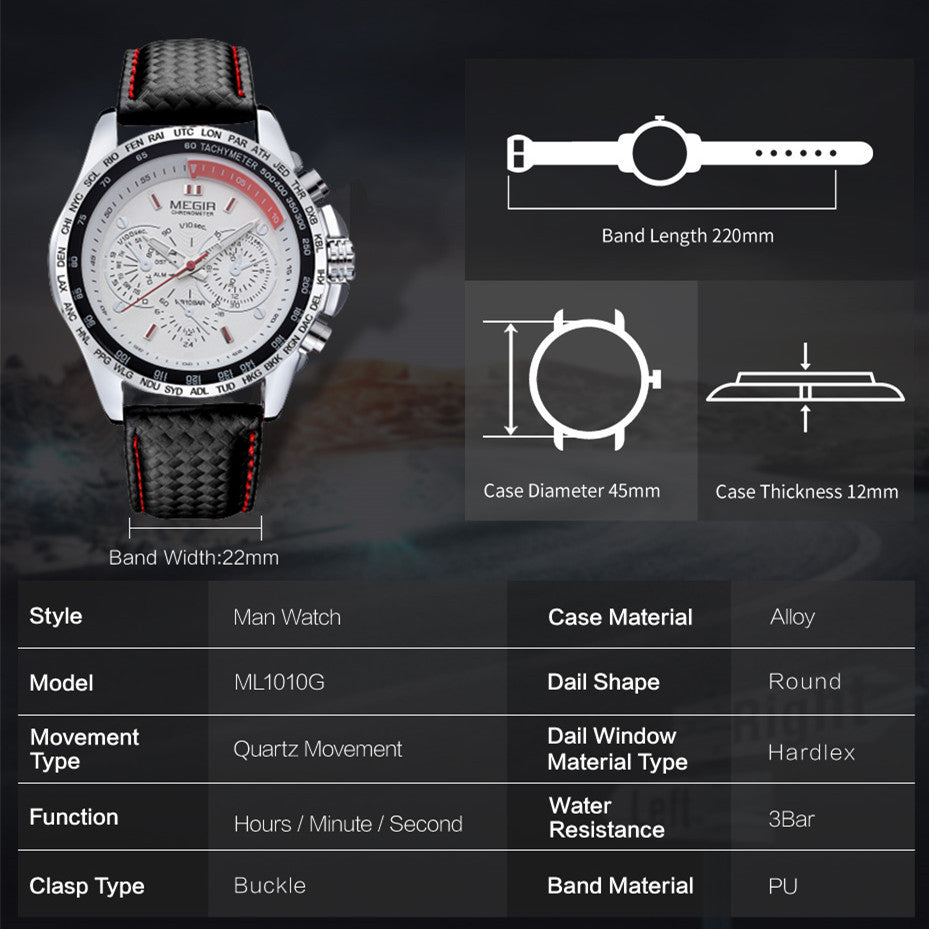 MEGIR Fashion Watches for Men Multifunction Sports Wristwatch Waterproof Quartz Watch Clock Leather Strap Relogio Masculino 1010