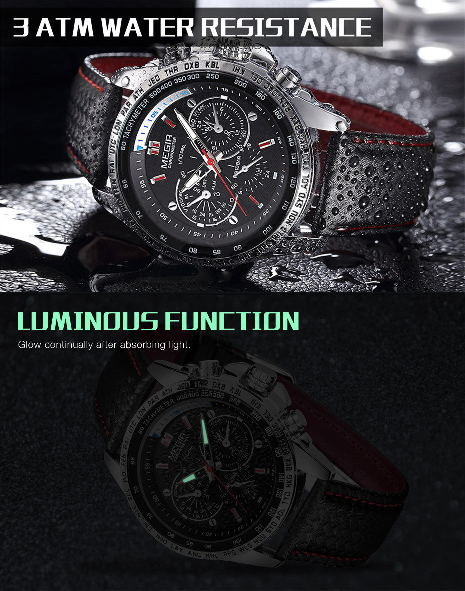 MEGIR Fashion Watches for Men Multifunction Sports Wristwatch Waterproof Quartz Watch Clock Leather Strap Relogio Masculino 1010