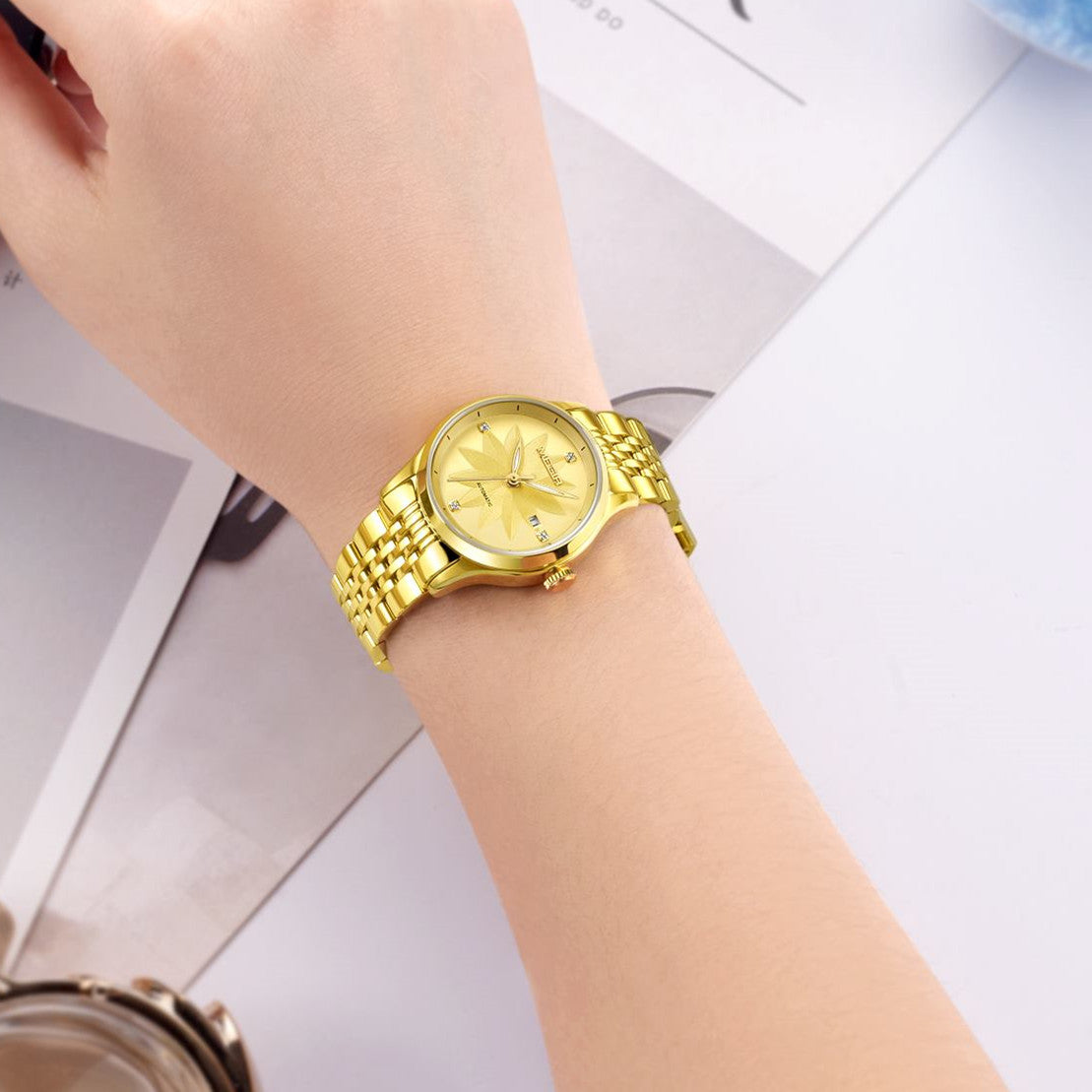 MEGIR Fashion Business Casual Watch for Women Sapphire Automatic Mechanical Wrist Watch Ladies Stainless Steel Female Date Clock 62061