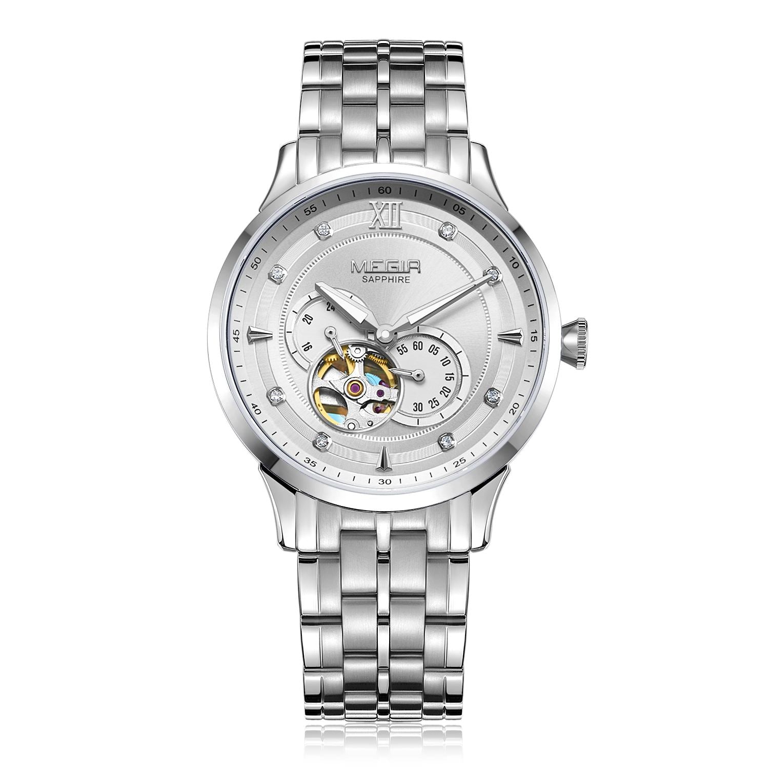 MEGIR Luxury Men Watches Stainless Steel Automatic Mechanical Watch Sapphire Steel Case Business WristWatch Montre Homme 62053