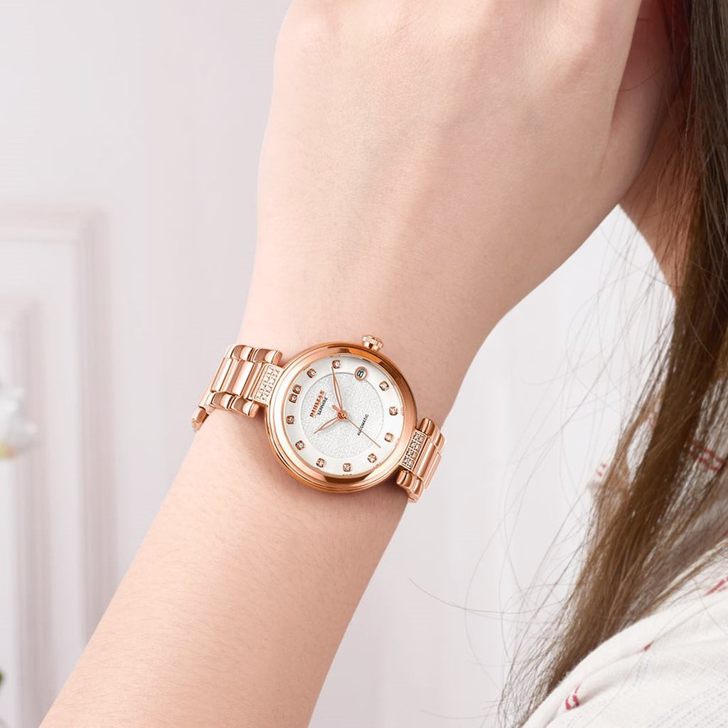RUIMAS Women Automatic Mechanical Watch Steel Strap Ladies Business Wrist Watch Fashion Waterproof Date Clock Montre Femme 6756