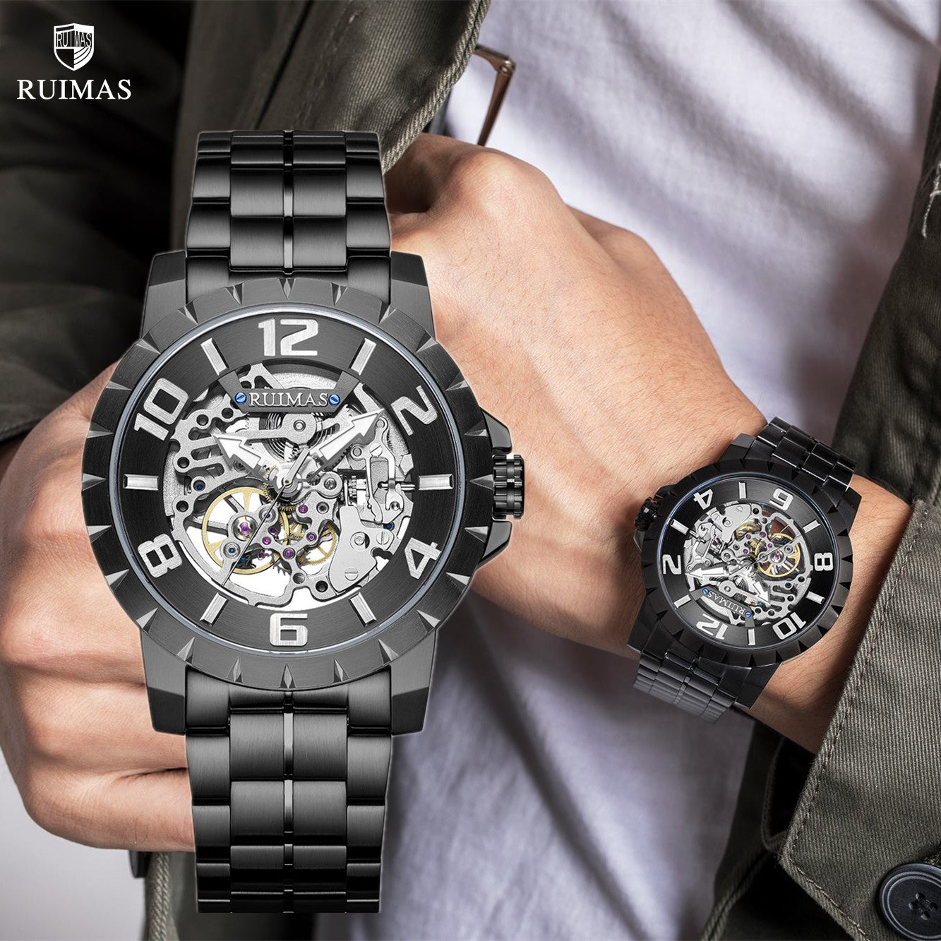 RUIMAS Men Mechanical Watch Luxury Automatic Stainless Steel Bracelet Wristwatches 5ATM Waterproof Clock Relogio Masculino 6784