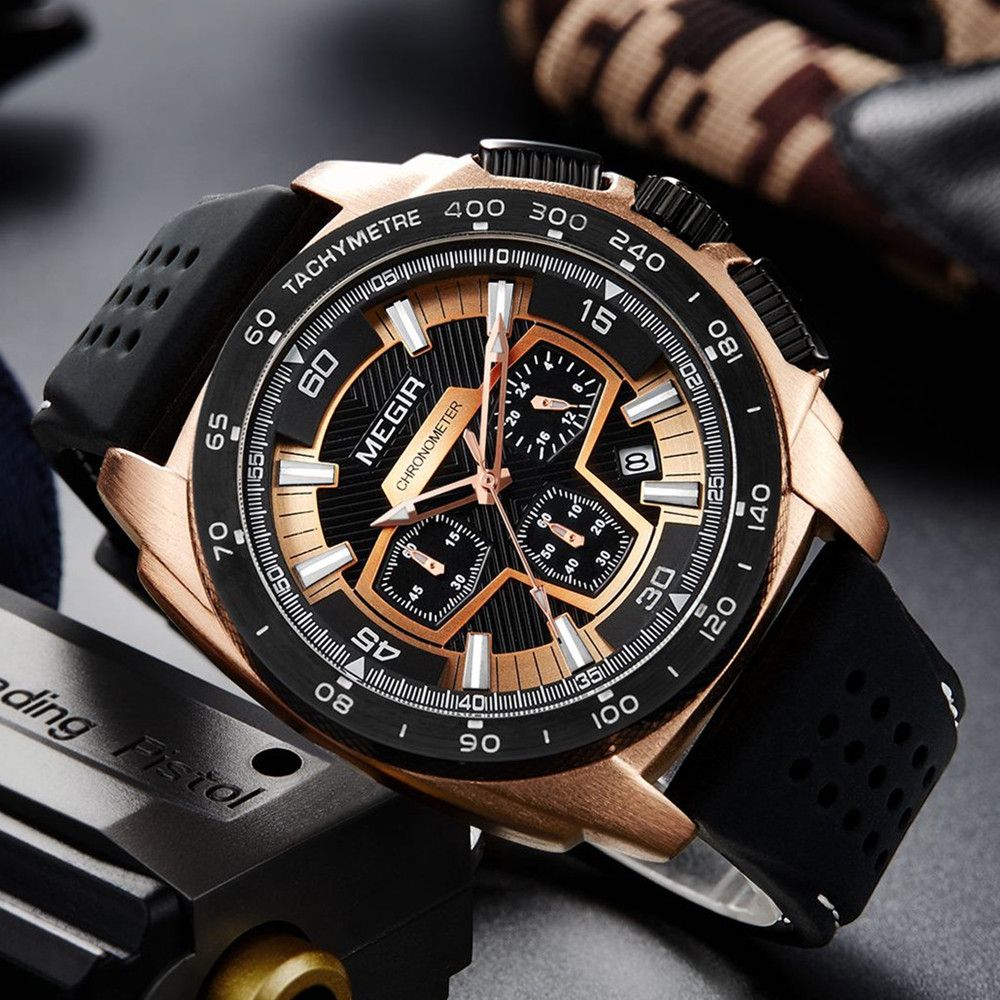 MEGIR Chronograph Men Sport Watches Fashion Silicone Strap Military Quartz Wristwatch Clock Relogio Masculino 2056