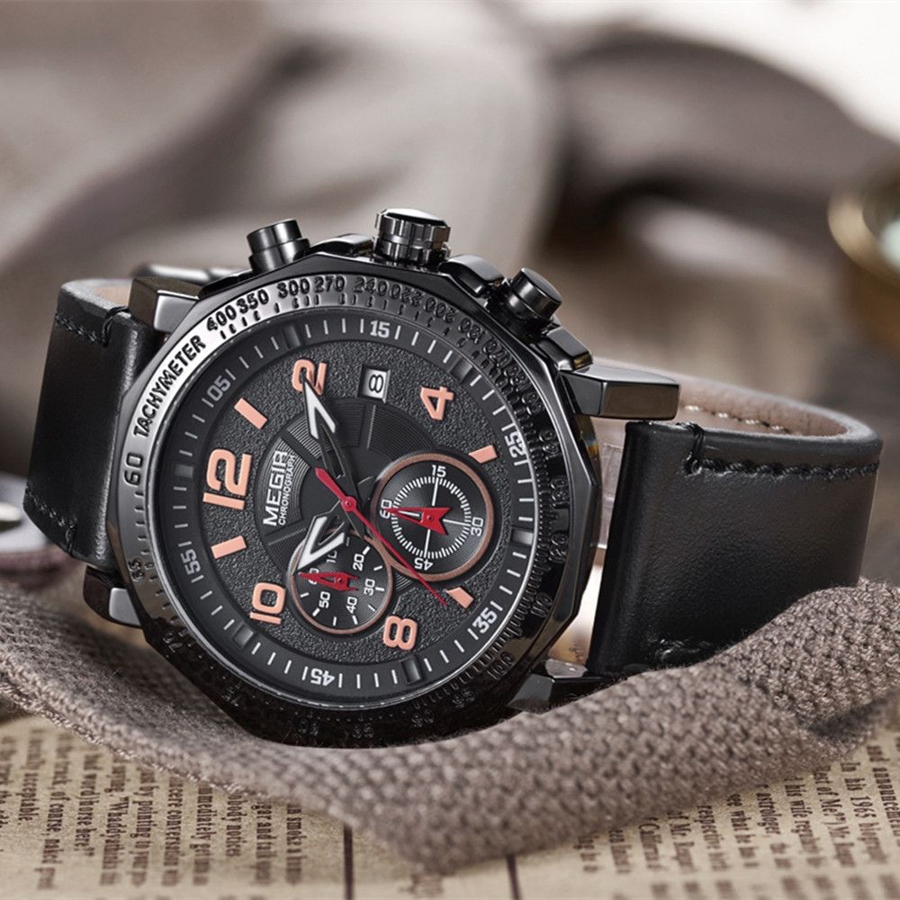 MEGIR Men's Sport Watch Large Dial Quartz Luminous Wristwatch Date Clock Fashion Relogio Masculino Leather Chronograph for Men 2048