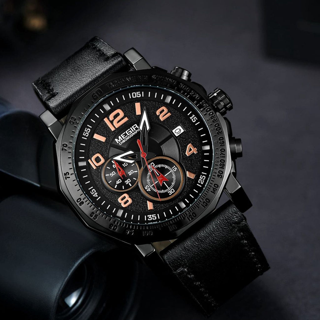MEGIR Men's Sport Watch Large Dial Quartz Luminous Wristwatch Date Clock Fashion Relogio Masculino Leather Chronograph for Men 2048